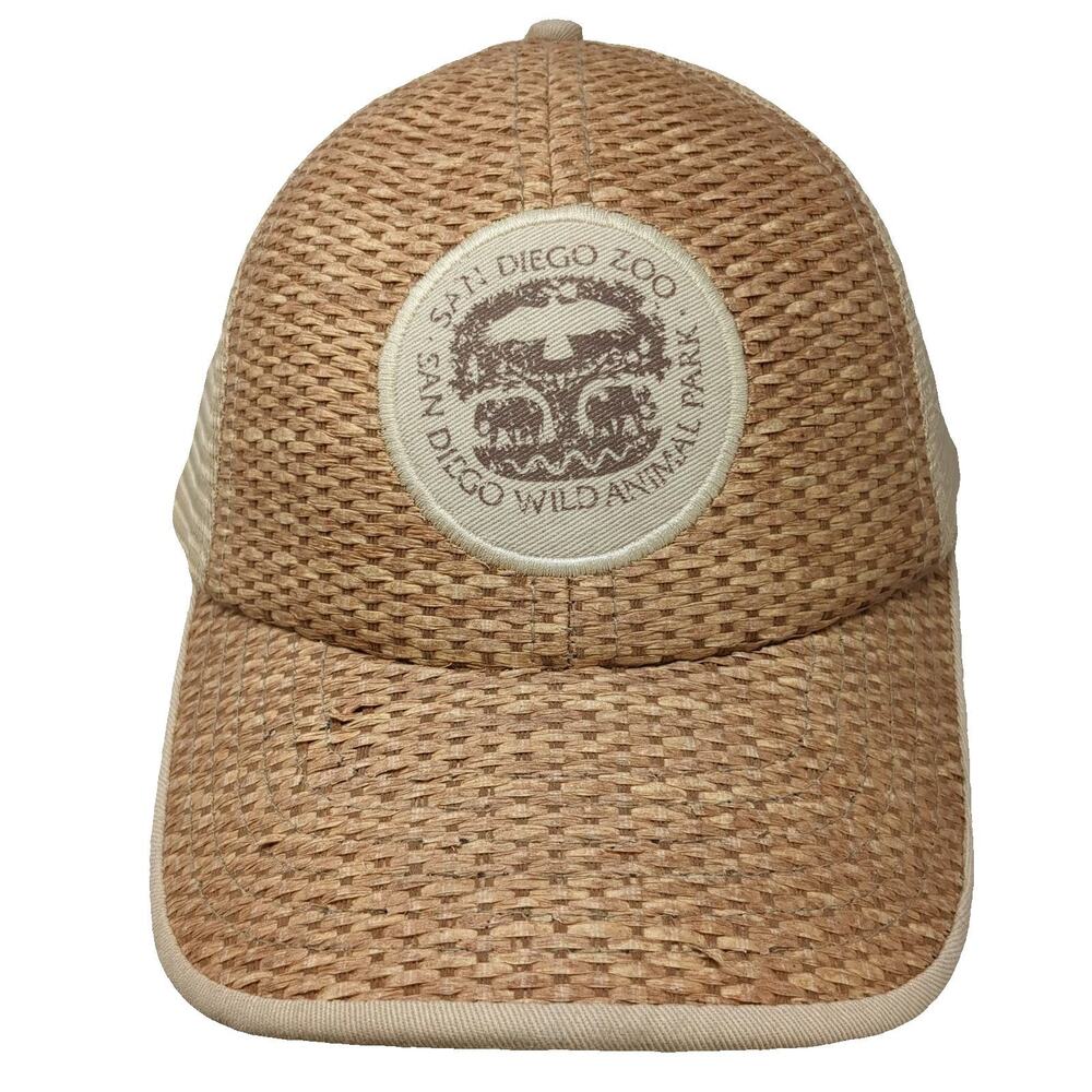 San Diego Zoo Trucker Hat Beige One Size Straw Mesh Animal Park Patch Snapback